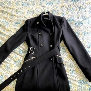 Express Belted Knee Length Black Pea Coat